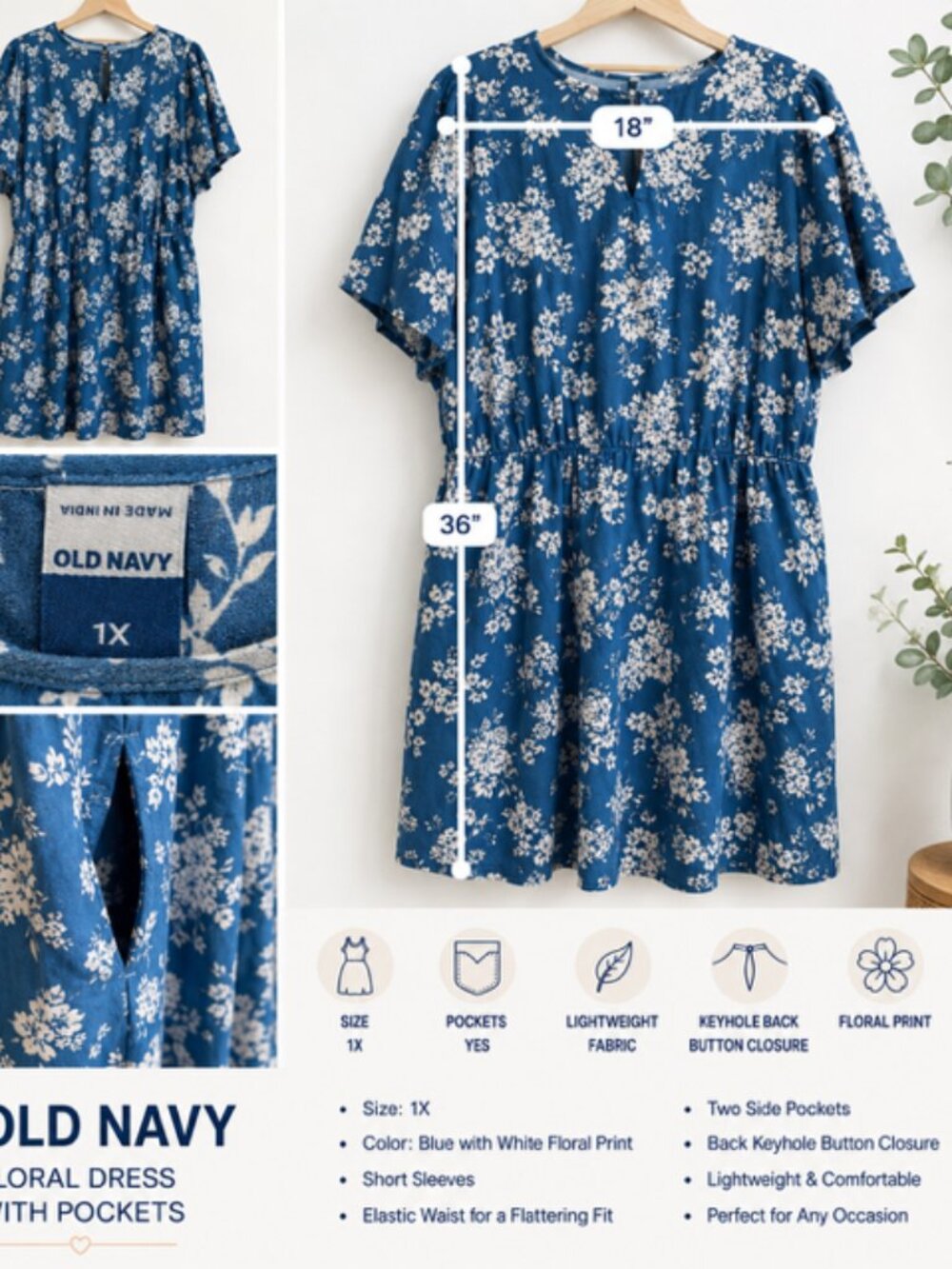 Old Navy Blue & White Floral Dress | Women’s Plus Size 1X | Short Sleeve | Pocke